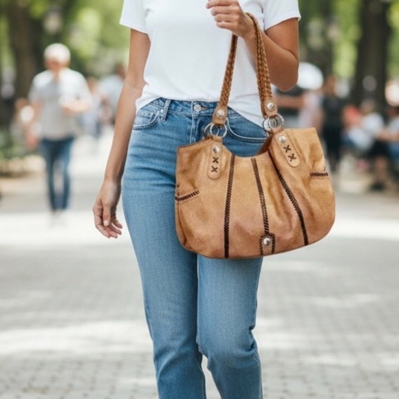 Brighton Handbags - Brighton Mesa Camel Leather Bag with Whipstitching